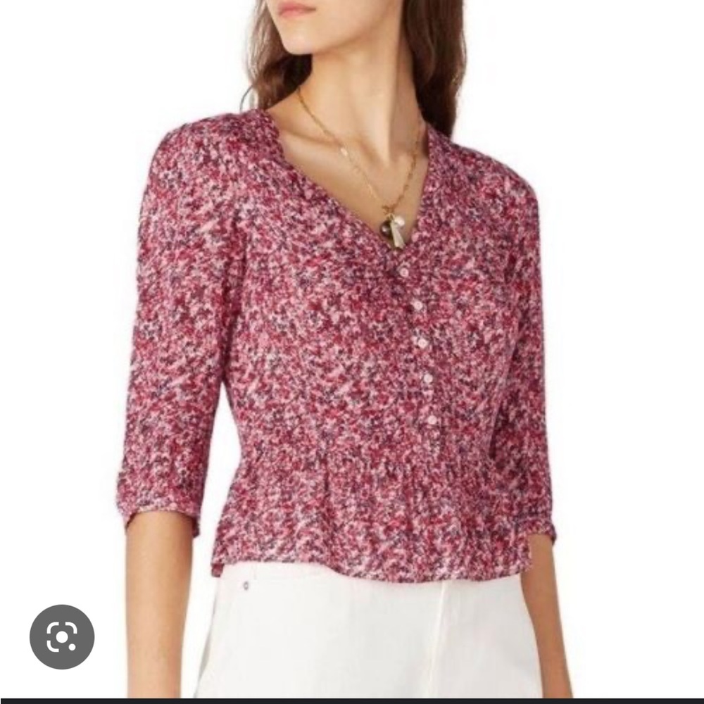 Ba&sh Nelly Top Ruffled Peplum 3/4 Sleeve V-Neck Fuchsia Printed Medium NWT